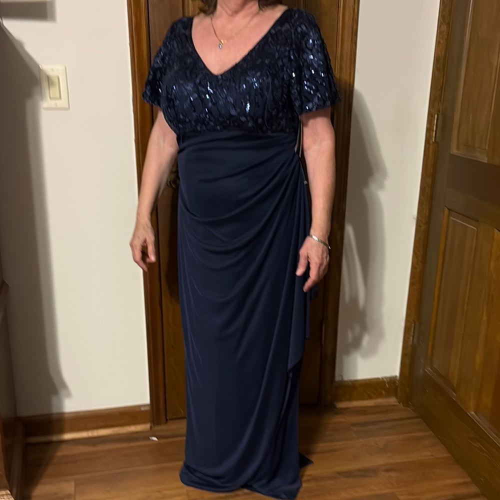 Alex Evenings Blue Sequin Ruched Maxi Dress